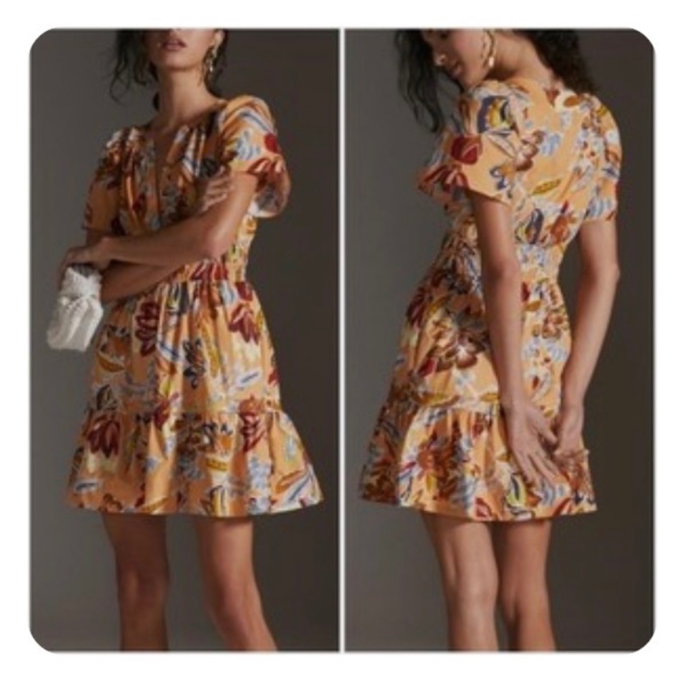 Anthropologie Dress Large Somerset Mini Peach Floral Tiered Boho Cottagecore